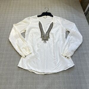 Banana Republic Shirt Womens Small Boho White Silk Cotton‎ Beaded Tunic Top